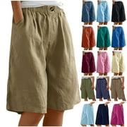 QATAINLAV Linen Bermuda Shorts for Women, Womens Bermuda High Rise Shorts Cotton Linen Knee Length Drawstring Shorts Casual Solid Color Going Out Shorts, Bermudas Para Mujer, Brown, XL